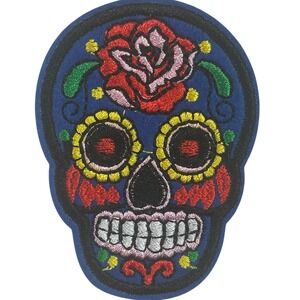 Sugar Skull Iron On Patch Unisex Blue Day of the Dead Rose Embroidered
